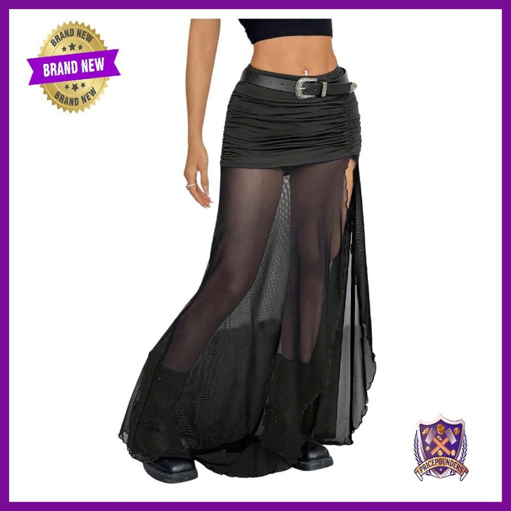 Mesh Sheer Thigh Split Ruched Maxi Skirt Low Rise Long